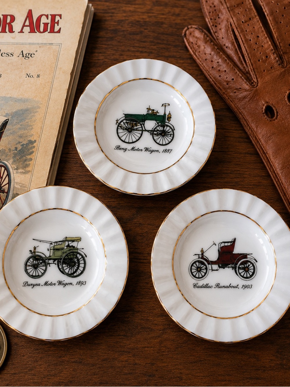 Vintage Japan Porcelain Early Automobile Trinket Dishes Set of 3 Gold Trim
